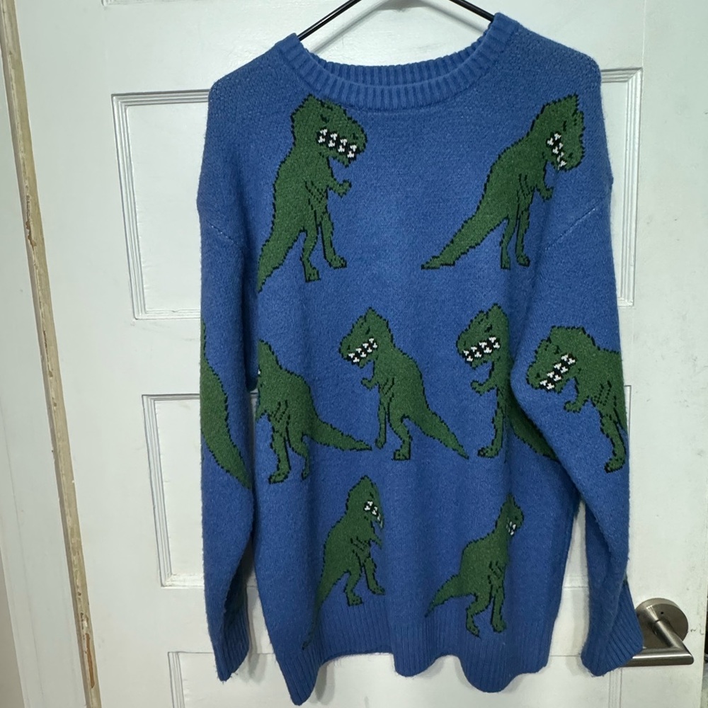 Forever 21 Blue Crewneck Sweater with Green Dinosaur Design